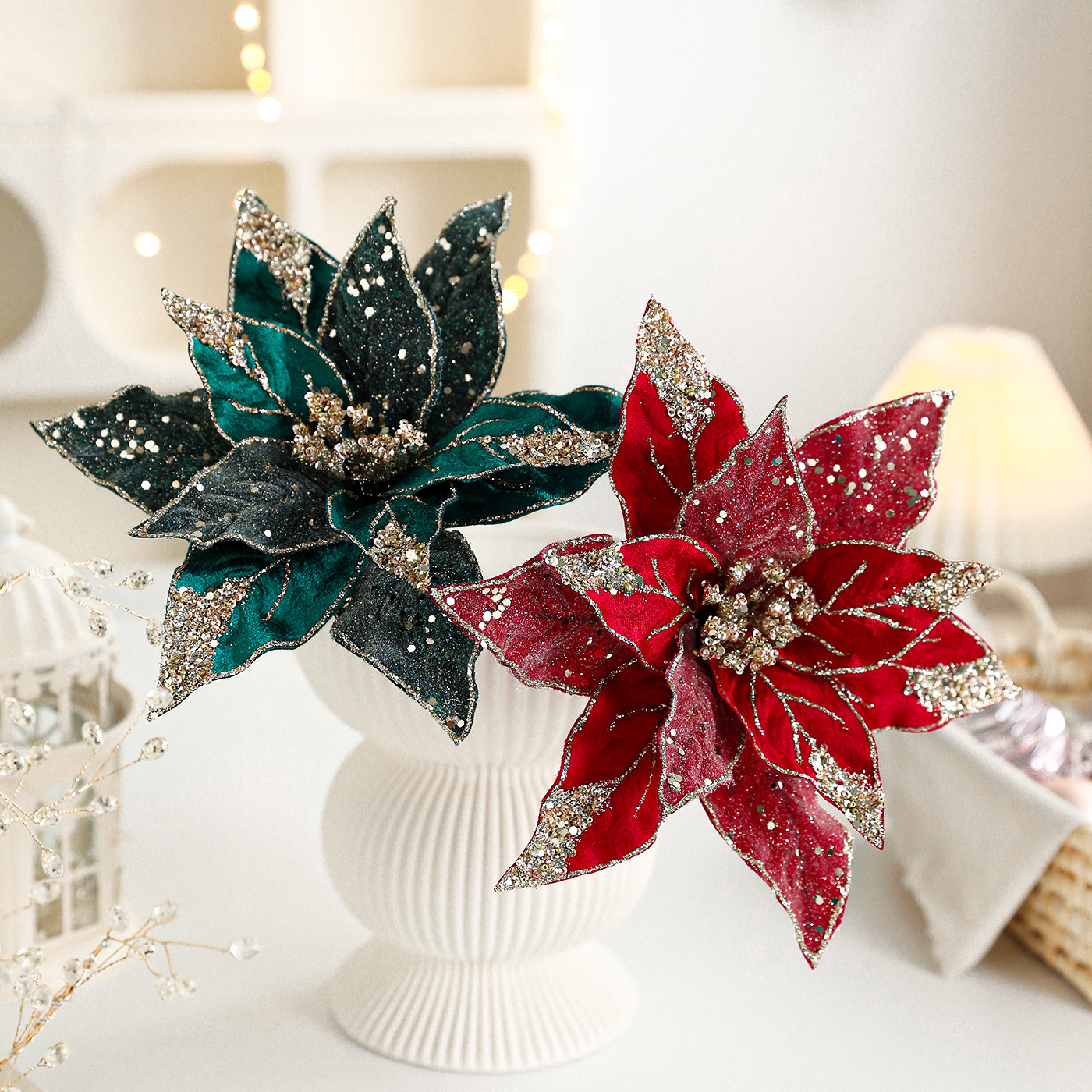 Nuevo producto 27CM tela de lana de alta calidad flores de Navidad flores de polvo de oro flores de polvo de flores de Navidad coronas de caña decoración floral