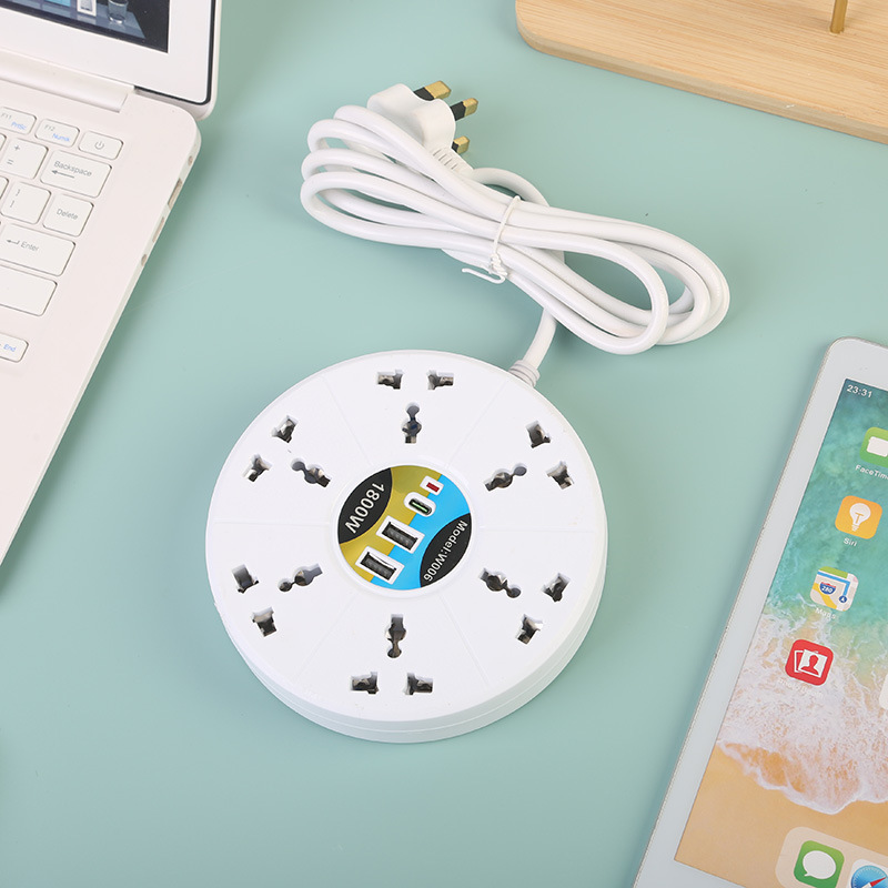 Placa de enchufe de comercio exterior redonda de 6 bits 2USB + 1Tipo-C con lámpara en blanco y negro, bolsillo neutro estándar estadounidense estándar británico estándar europeo