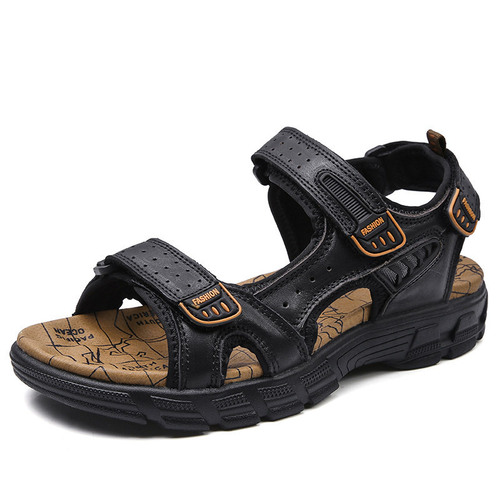 Summer sandals for men with thick soles, open-toe, genuine leather, men's beach shoes with soft soles, stylish, plus size, outdoor casual shoes