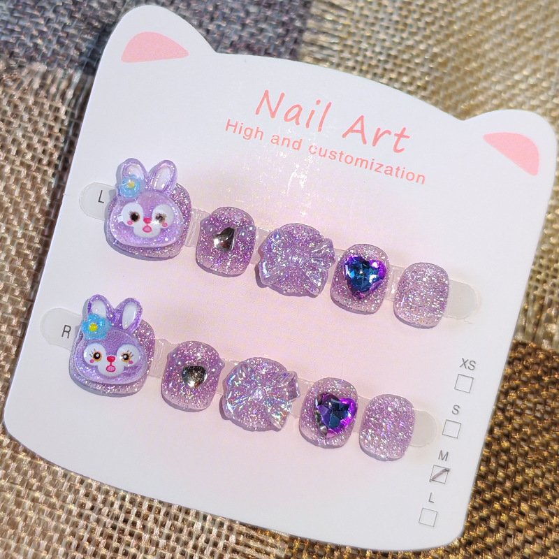 High-end dazzling children's handmade wearable nails for 3-6-12 year old trendy girls, detachable short nail art