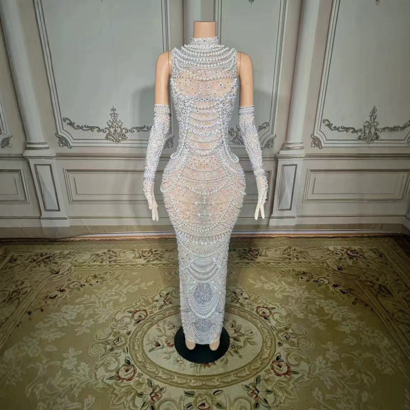 Luxurious and Sparkling Rhinestone Pearl Dress for a Socialite's Birthday Party, Elegant Dress for Company Annual Meeting Host, Evening Gown Luxurious and Sparkling Rhinestone Pearl Dress for a Socialite's Birthday Party, Elegant Dress for Company Annual Meeting Host, Evening Gown