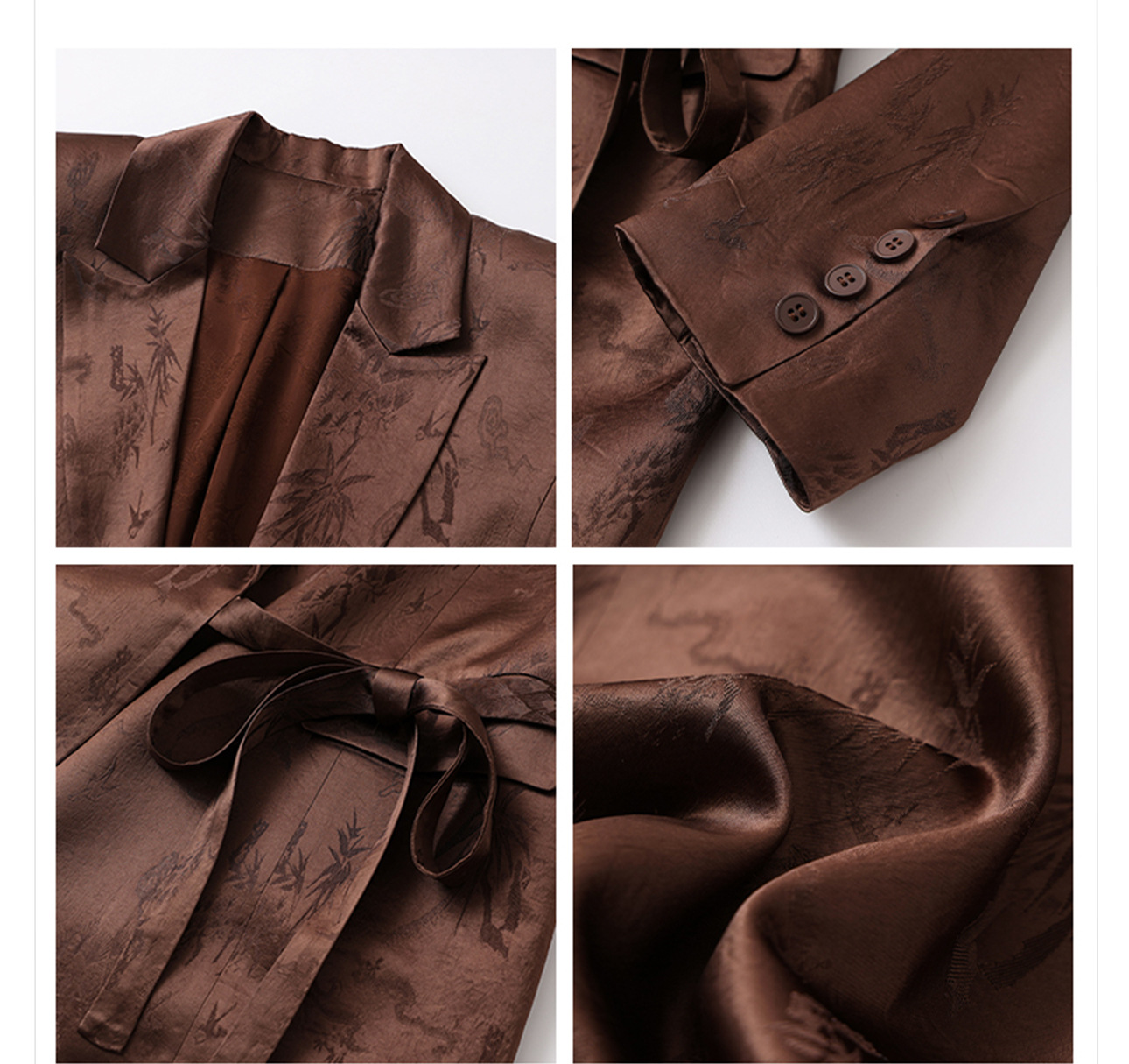 Áo khoác blazer nữ phong cách Trung Hoa cao cấp, chất liệu acetate in họa tiết dân tộc, buộc dây trước — đen, Màu cà phê chi tiết 2