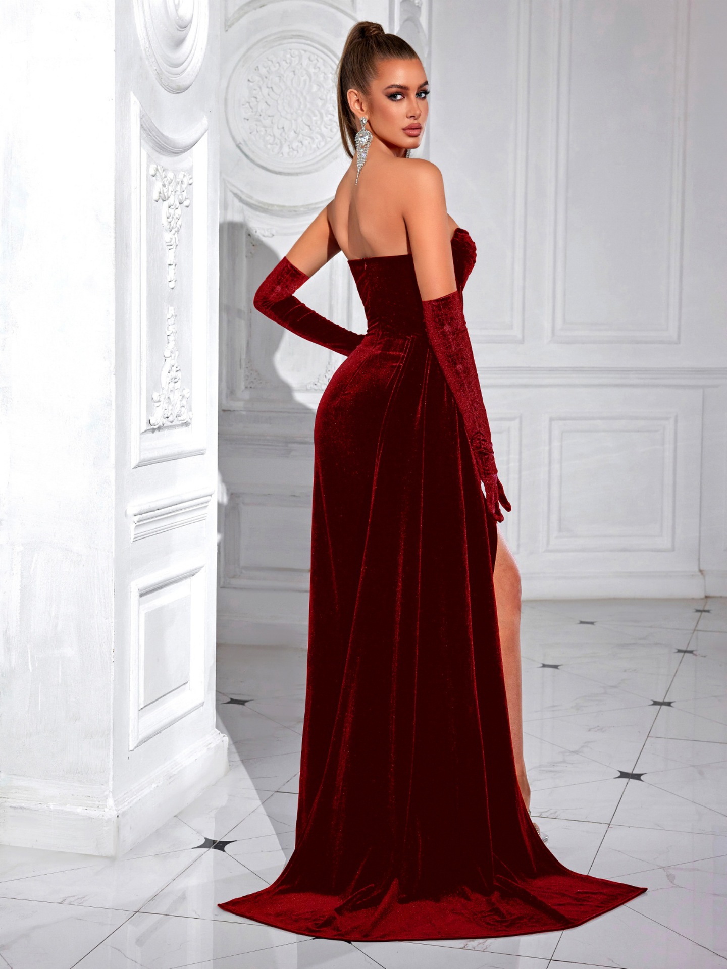 Nuevo vestido de terciopelo coreano transfronterizo sexy de hueso de pez, vestido de fiesta de pecho, vestido largo de alta gama al por mayor