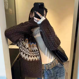 复古毛衣女25秋冬羊毛开衫厚高领针织宽松慵懒风学院风外套女装