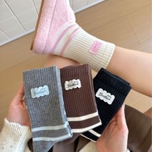 袜子女冬季仿羊绒加绒保暖中筒棉质外穿韩国百搭布标波点无骨袜