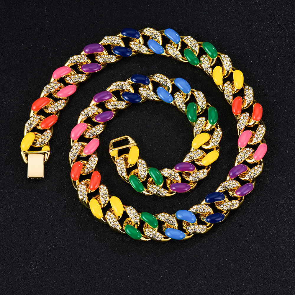 [Xuan Di] 16mm Thick Colorful Rainbow Necklace European and American Cuban Link Chain Hip Hop Rap Hi