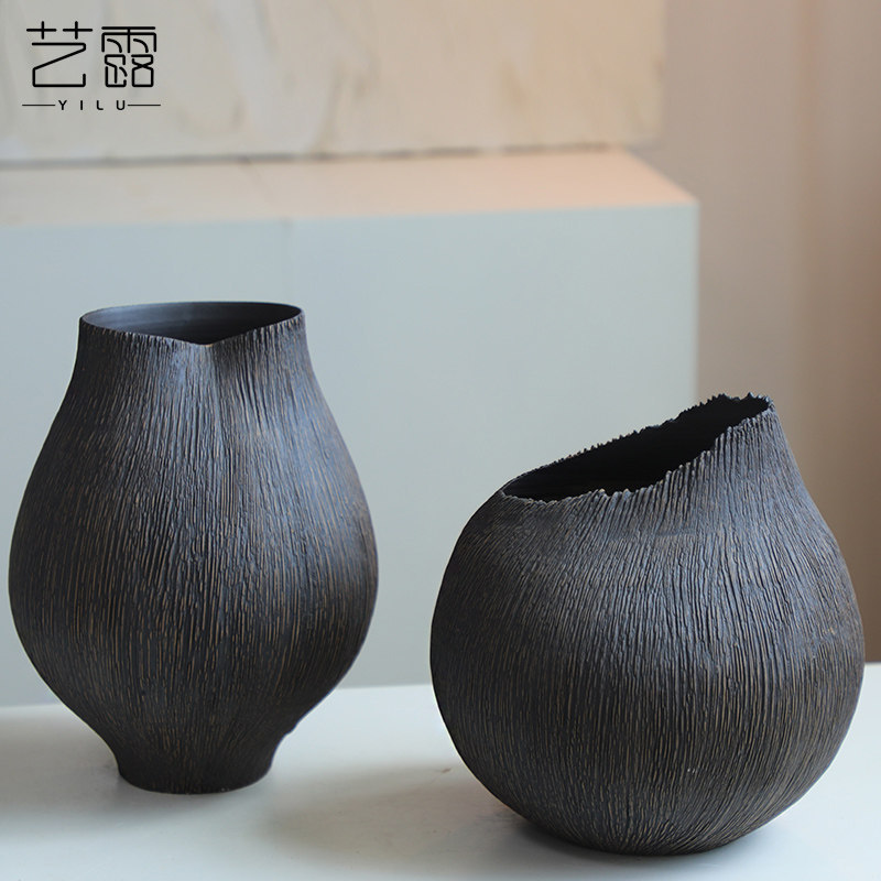 Modern Ceramic Pots, Coarse Pottery, Black Coffee-Colored Brushed Jars, Vintage Vase-Like Ornaments, Matte Antique Flower Vessels, Decorative Items