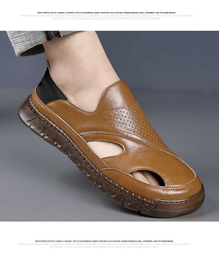 Dép sandal da nam mùa hè khoét lỗ thoáng khí đế dày chống trượt kiểu bít mũi — Màu nâu, màu vàng, màu đen chi tiết 26