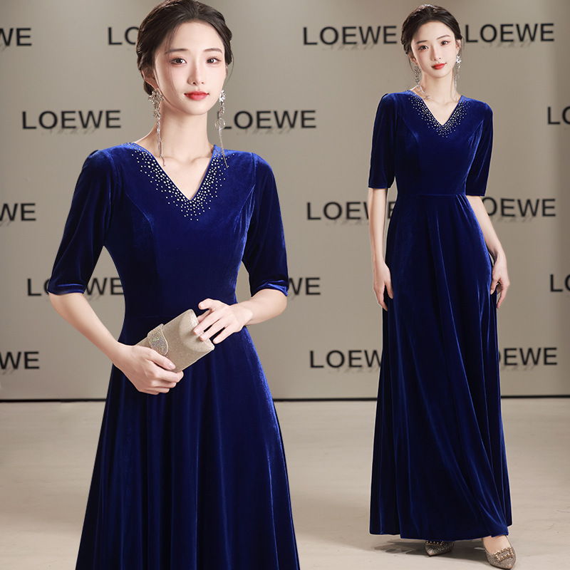 Big Choir Costume Female Blue Art Test Solo Recitation Performance Costume Host Evening Dress Long Dress Wholesale