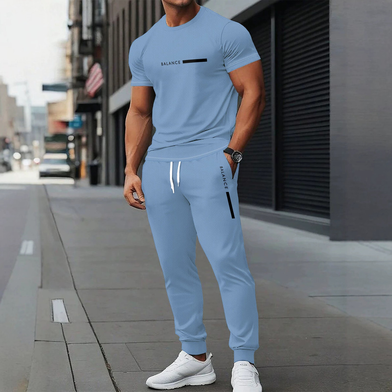 Men's two-piece set: BALANCE letter print light blue short-sleeve T-shirt and jogger pants, summer simple casual sports set
