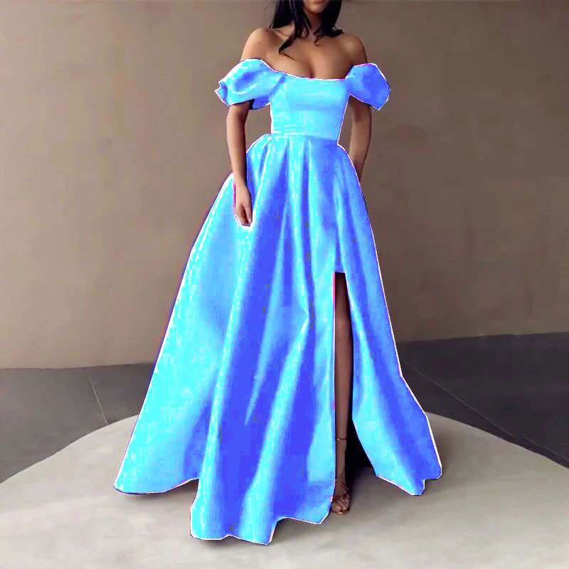Europeo y americano Amazon AliExpress deseo nuevo vestido de cena de satén de hombro simple elegante adelgazamiento A-Line