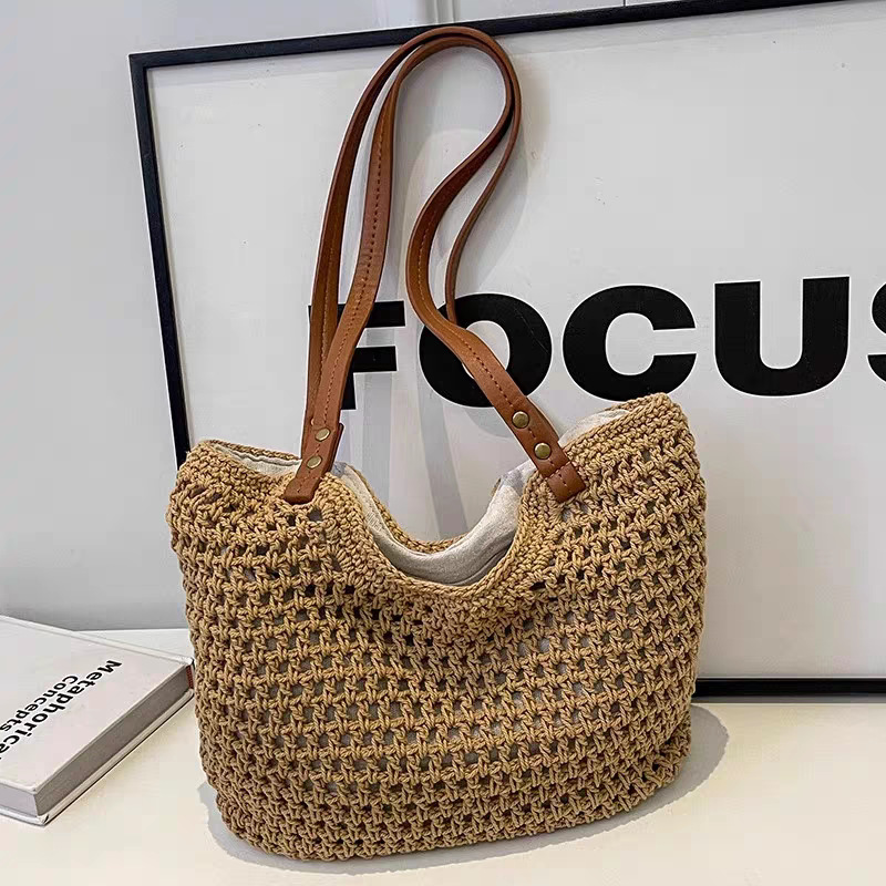 Bolso de gran capacidad tejido a mano del bosque literario, salida de primavera para mujer, bolso de paja hueco ligero, bolso de malla