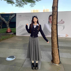 学院風偽二枚メリヤスカーディガン上着婦人服春のロングスカート