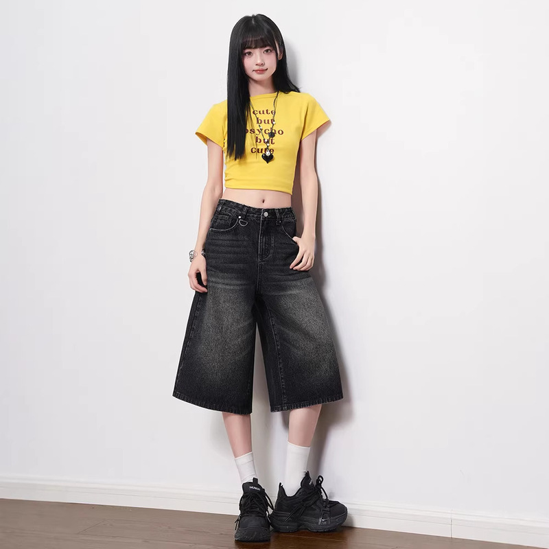 American Retro Washed Black and Gray Cropped Wide-Leg Jeans for Women, 2026 Summer New High-Waisted Versatile Straight-Leg Mid-Length Pants