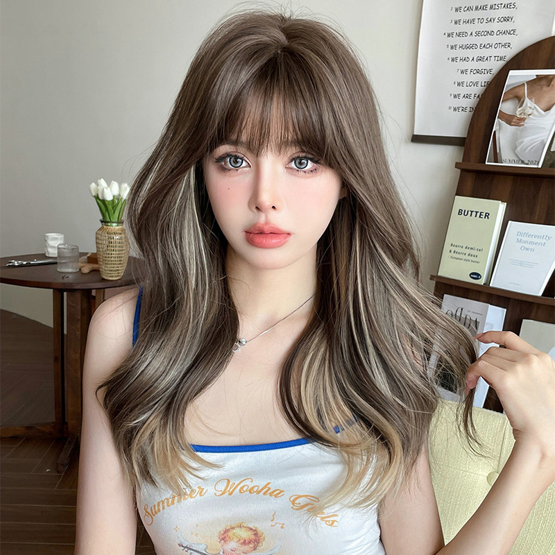 Trendy new wig women's long curly hair Big Wave full head cover beige dyed chemical fiber wig artificial natural Trendy new wig women's long curly hair Big Wave full head cover beige dyed chemical fiber wig artificial natural