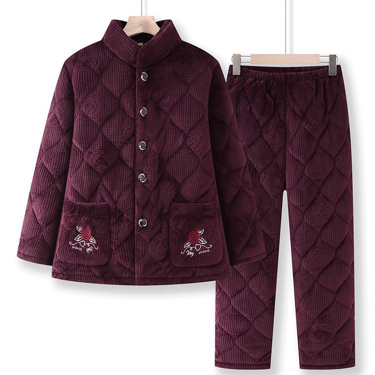 睡衣女士秋冬季三层加绒加厚珊瑚绒夹棉中老年人妈妈保暖套装冬款