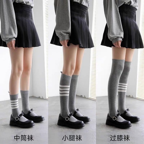 Grey Mid-Calf High-Calf Four-Strip Leggings Cotton Japanese Trend Brand JK Lady College Style Spring and Summer Socks
