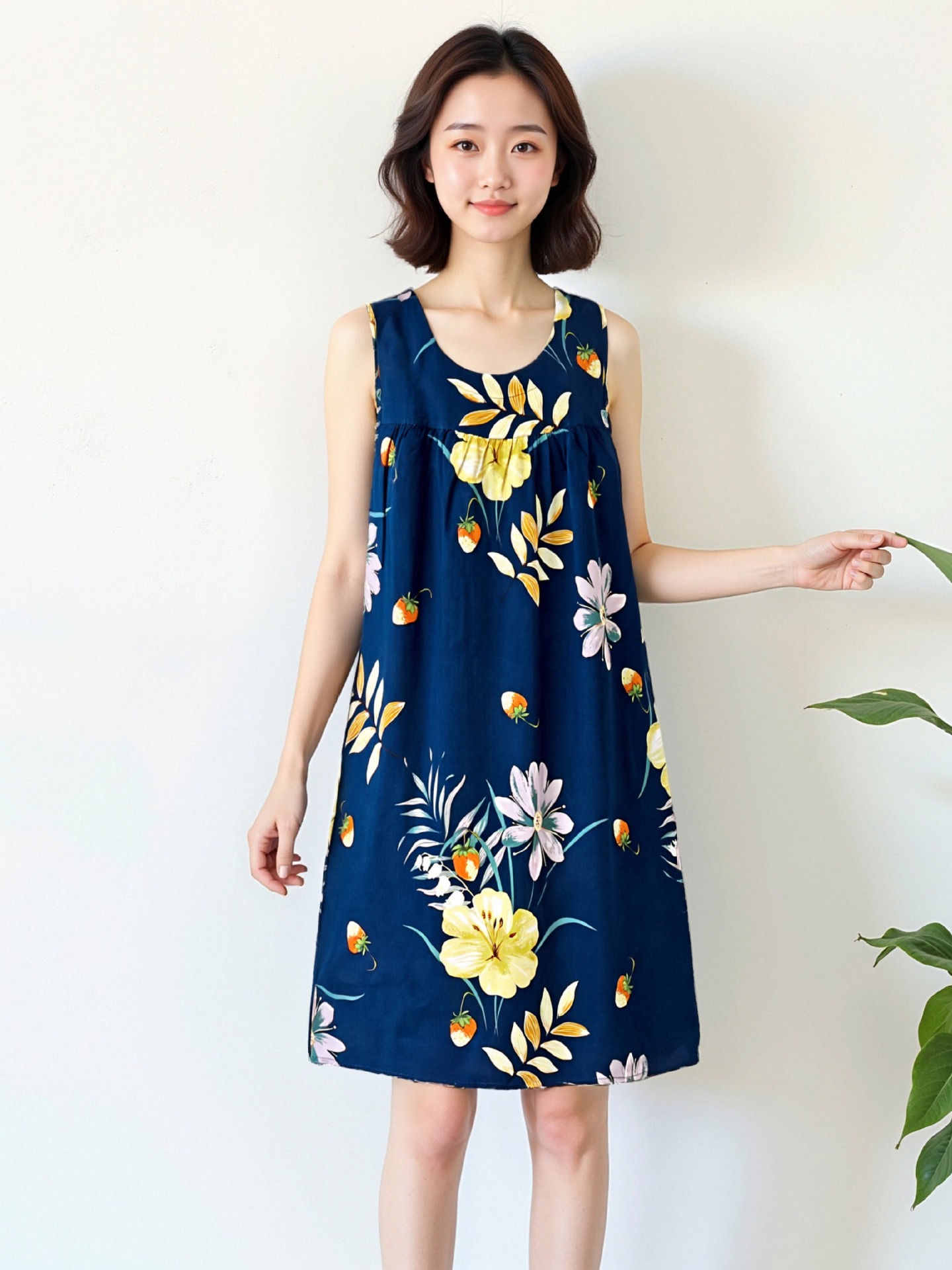 女性用ナイトガウン夏プラスサイズノースリーブコットンシルクミッドレングス人工綿ルーズドレス中高年パジャマホームウェア