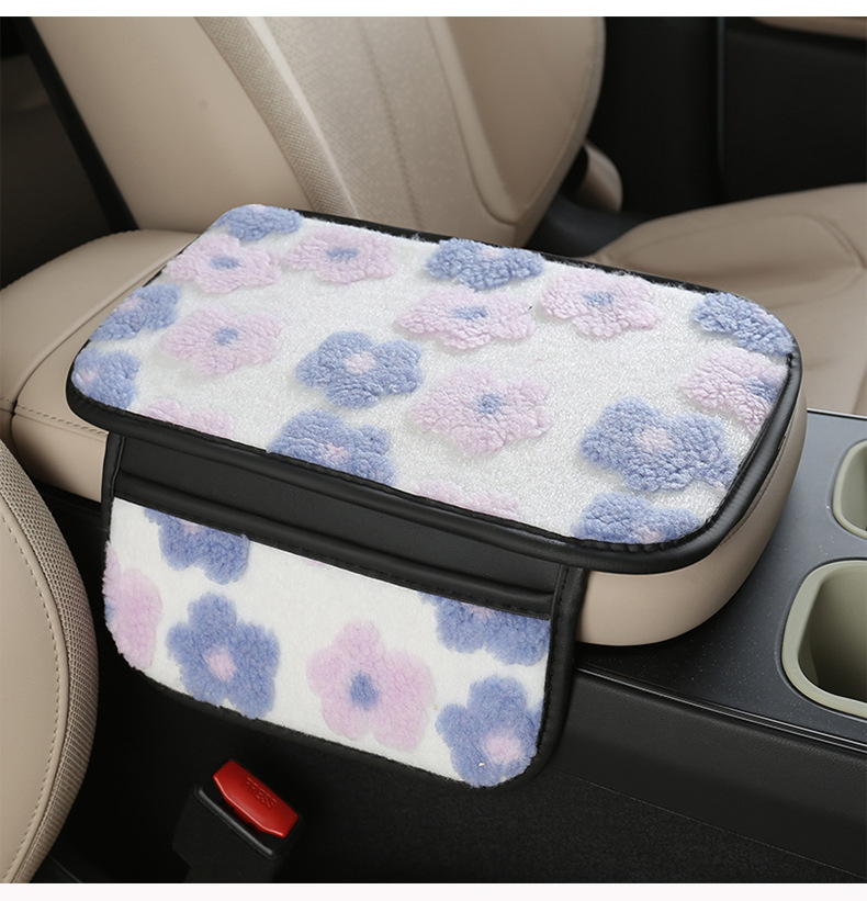 2025 Trendy Winter Lamb Wool Car Armrest Box Mat with Small Flowers in 6 Colors, Sweet Decorative Mat, Storage Bag, Protective Mat