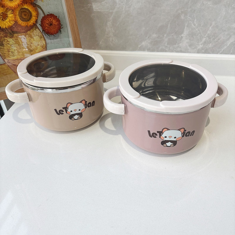 Korean Stainless Steel Bowl Kidsren's Double-Handled Rice Bowl Student Dormitory Office Worker Instant Noodle Bowl Cartoon Lunch Box Sealed Soup Bowl Korean Stainless Steel Bowl Kidsren's Double-Handled Rice Bowl Student Dormitory Office Worker Instant Noodle Bowl Cartoon Lunch Box Sealed Soup Bowl