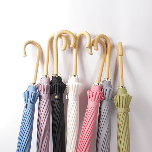 16-bone umbrella wooden curved handle Korean style small fresh simple straight umbrella sunny umbrella sunshade women's long handle automatic umbrella