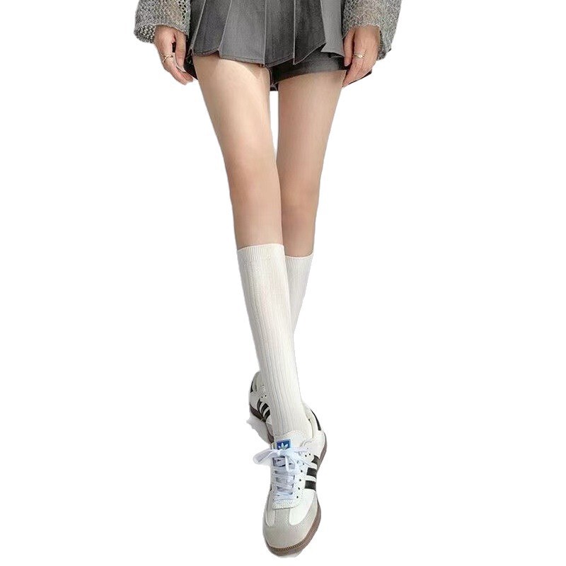 奶白色竖纹小腿袜女春夏季保暖显瘦百搭中筒袜日系灰色堆堆袜子女|undefined
