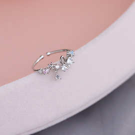 镶钻花朵戒指女清新925镀银浪漫日系轻奢开口蝴蝶水滴食指戒潮女