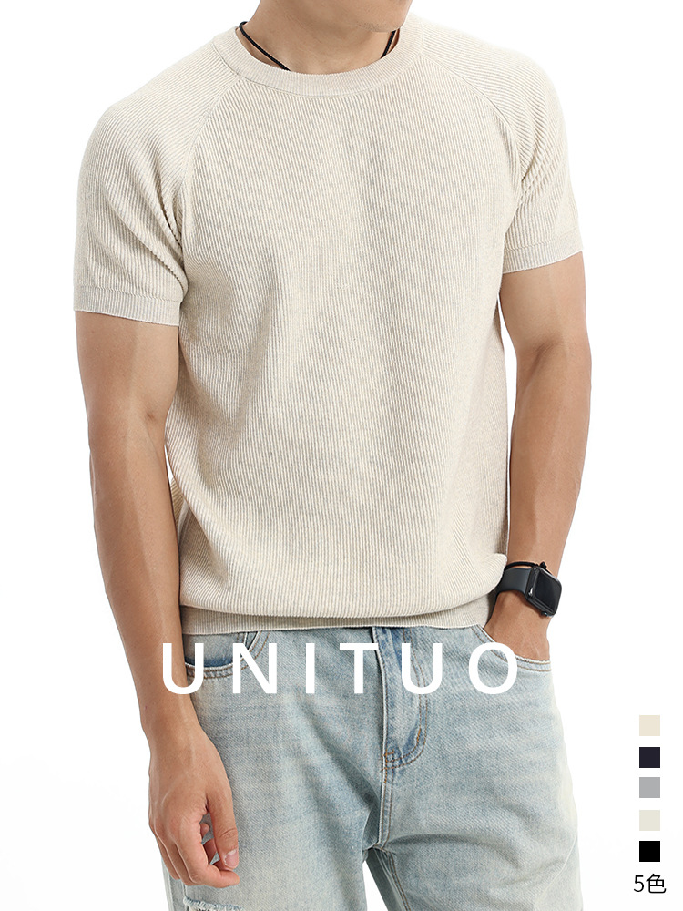 Verano hombre agujero tejido de manga corta cuello redondo inserción de hombro camiseta transpirable ligera de negocios casual alta sensación hombre