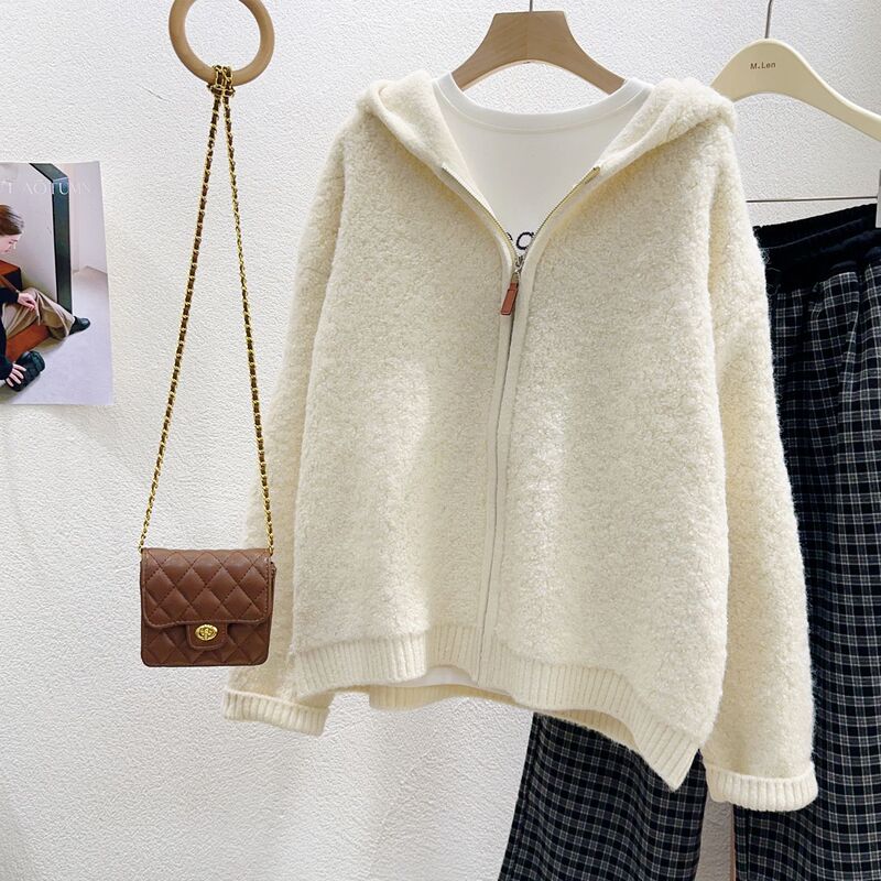 Soft Knitted Sweater Top Korean Style Autumn and Winter Gentle Lazy Style Hooded Jacket Loose Slimming Knitted Cardigan for Women