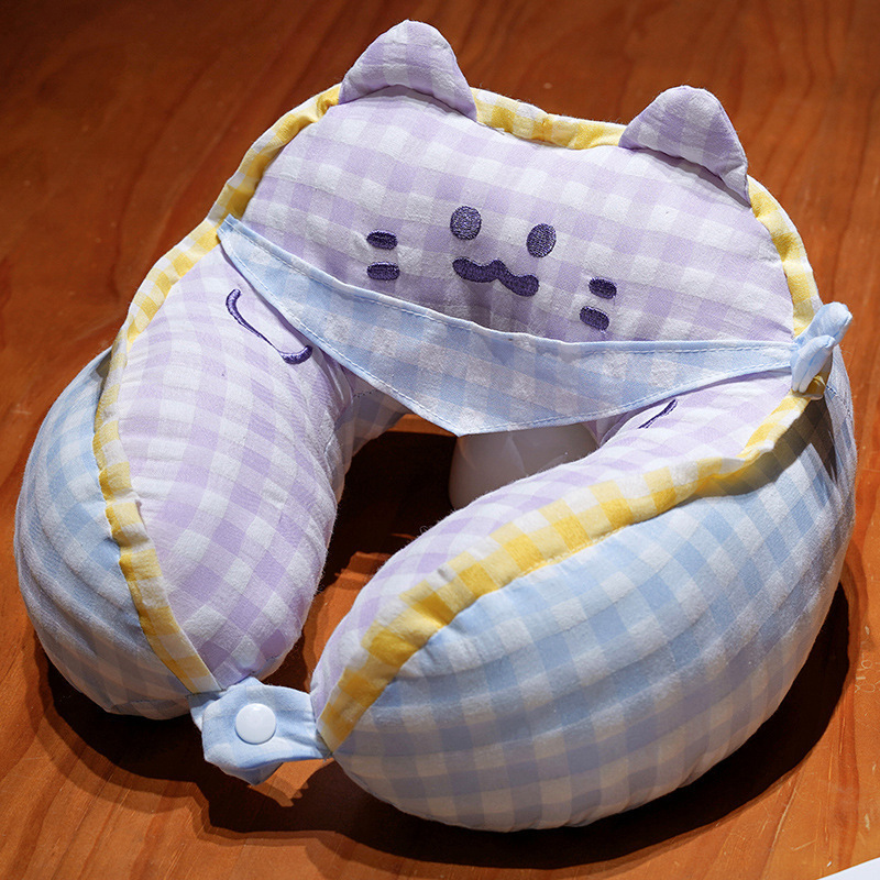 Cartoon toallas cuadradas Miao Plaid jorobas almohada en forma de U almohada de cuello adultos estudiantes dormir almohada de viaje almohada de columna cervical