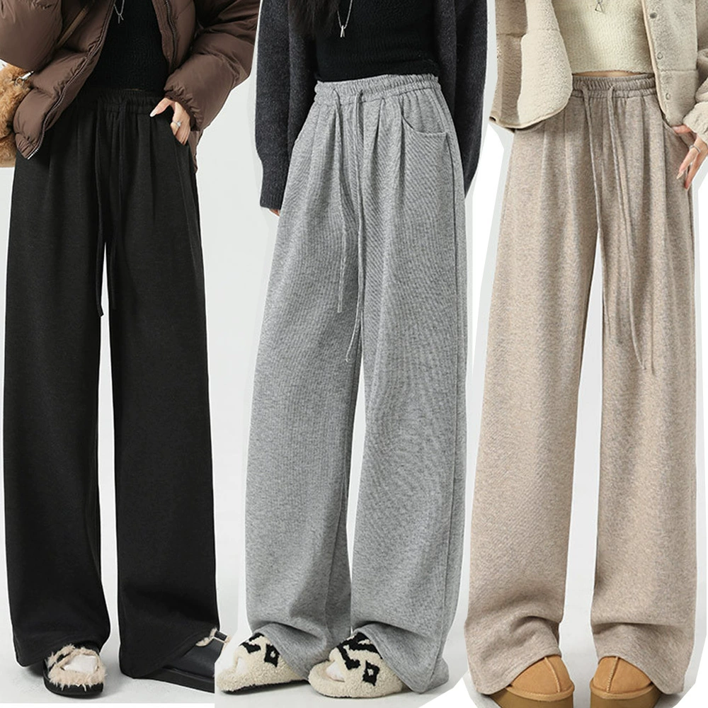 Корейские клейкие рисовые брюки женские осенью и зимой плюшевые толстые с высокой талией прямые трусы тонкие широкие брюки повседневные дикие свободные повседневные брюки