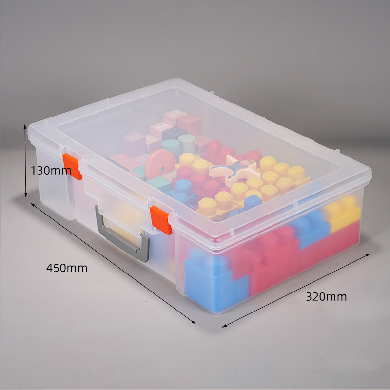 手提げのプラスチックの箱の長方形のレゴのおもちゃの収納箱の大きいサイズの透明な手提げの道具箱の金属の部品の箱|undefined