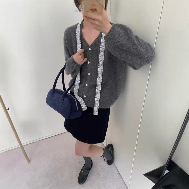 清新甜美秋冬新款韩系针织衫显瘦2025蕾丝优雅飘带优质毛衣外套女|undefined