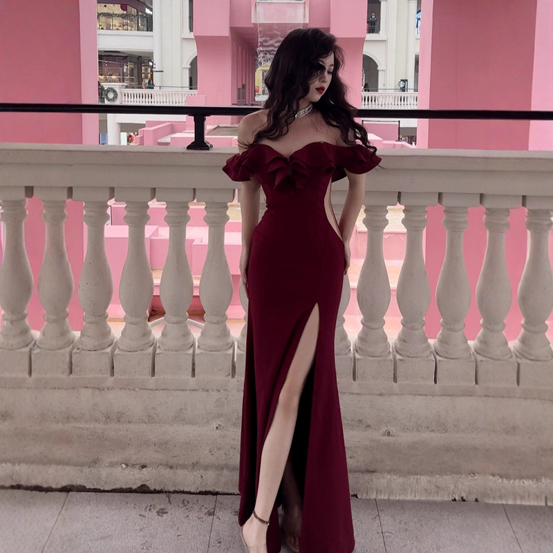 French-Style Socialite Unique Super Pretty Sexy Off-Shoulder Dress with Exposed Waist, High-End Birthday Party Gown