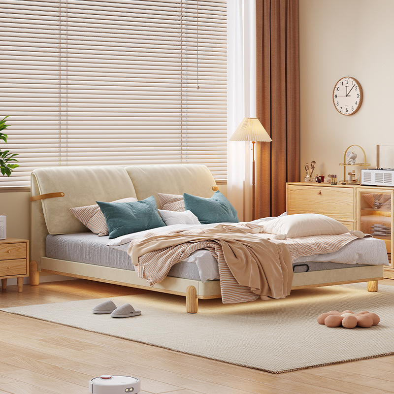 Cama de madera sólida de orejas moderna y simple estilo nórdico crema de viento pequeño dormitorio estilo japonés red de madera roja cama doble