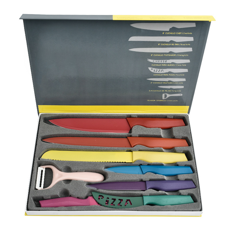 Venta al por mayor de color rombo mango de ocho piezas cuchillo de cocina cuchillo de pintura de acero inoxidable traje de color en caja cuchillo de regalo