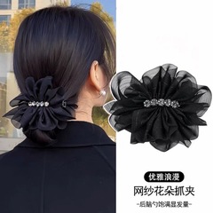YX气质水钻香蕉夹韩国头饰黑色网纱褶皱蝴蝶结抓夹后脑勺夹甜酷风