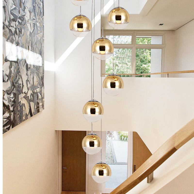 Large Chandelier for Duplex Living Room, Creative Nordic Spherical Glass Lamp, Modern Minimalist Villa, Long Eye-Protection Light for Duplexes