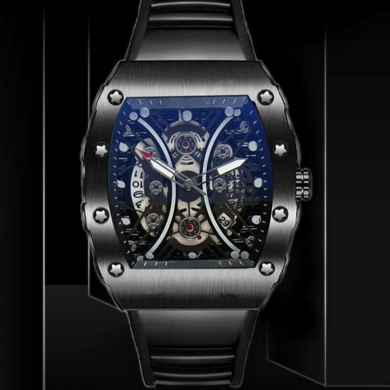 Cross-border Hot-selling Casual Fashion Full-automatic Quartz Hollow Luminous Waterproof Barrel-shaped Men's Watch 826#