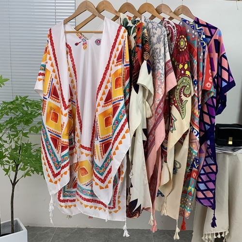 Cross-border hot selling travel and vacation ethnic style printed outer wear sun protection shawl for women sunshade high-end slit elegant waistband