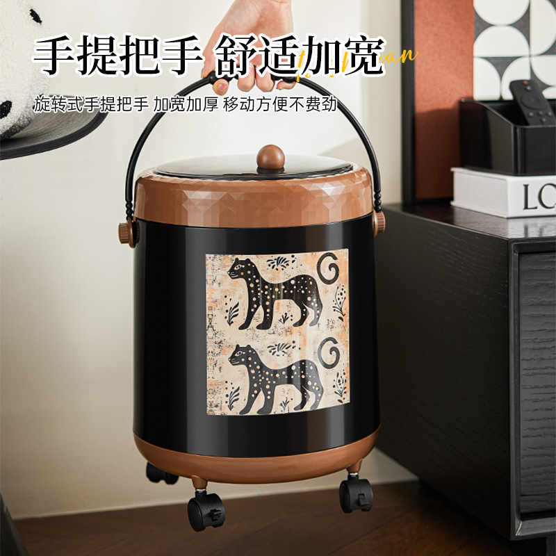 中古风垃圾桶手提带盖带轮家用客厅轻奢高档大容量纸篓复古卫生桶|undefined