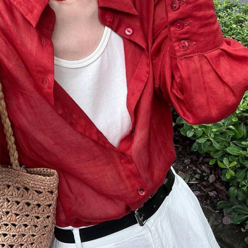 红色亚麻翻领晒衬衫女春秋薄款设计感衬衣小众长袖棉麻叠穿上衣|undefined
