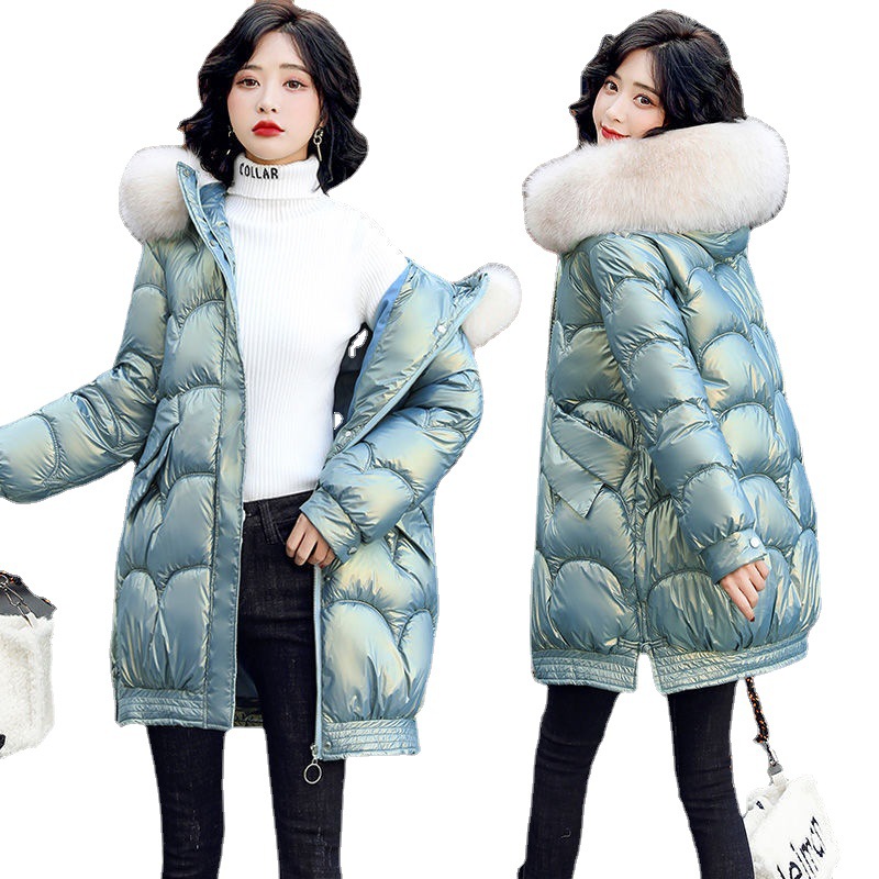 Cara brillante y colorida ropa de algodón de pluma media y larga para mujeres 2021 nuevo invierno coreano suelto de moda gruesa abrigo de algodón image 5