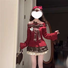 秋冬季新款韩系甜美温柔风红色蝴蝶结针织上衣女高腰显瘦半身裙潮