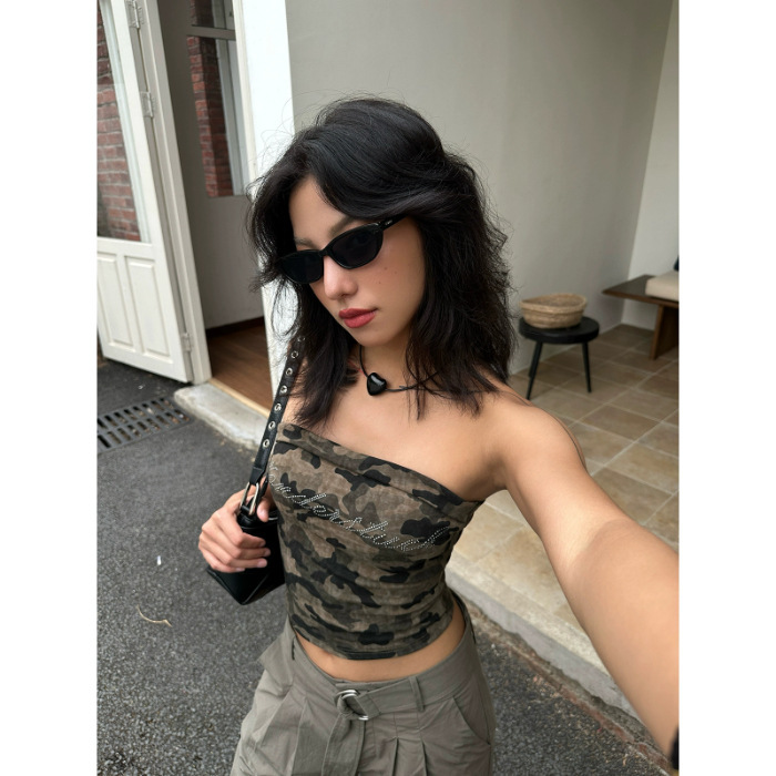 迷彩ホットダイヤモンドスリムフィットレディースチューブトッププリントショートデザイン夏アメリカンホットガールレトロノースリーブベスト|undefined