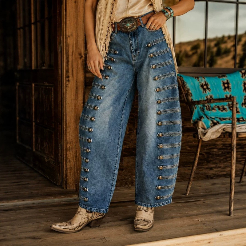 European and American Napoleon Heavy-Duty Buttoned Scythe Jeans for Women, Western Retro Washed High-Waisted Wide-Leg Export Trousers European and American Napoleon Heavy-Duty Buttoned Scythe Jeans for Women, Western Retro Washed High-Waisted Wide-Leg Export Trousers