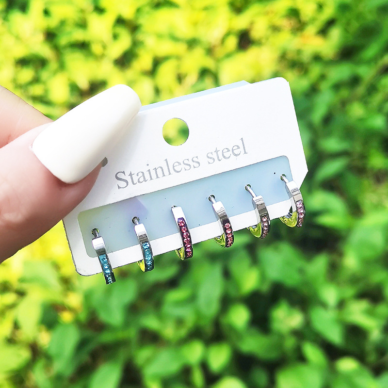 Fashion Round Titanium Steel Inlay Rhinestones Hoop Earrings 3 Pairs