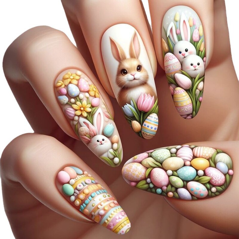 Easter Bunny Fake Nails Cartoon Cute Rabbit Eggs 24 Pieces Manicure Wearable Nails Wholesale 24 Pieces Boxed