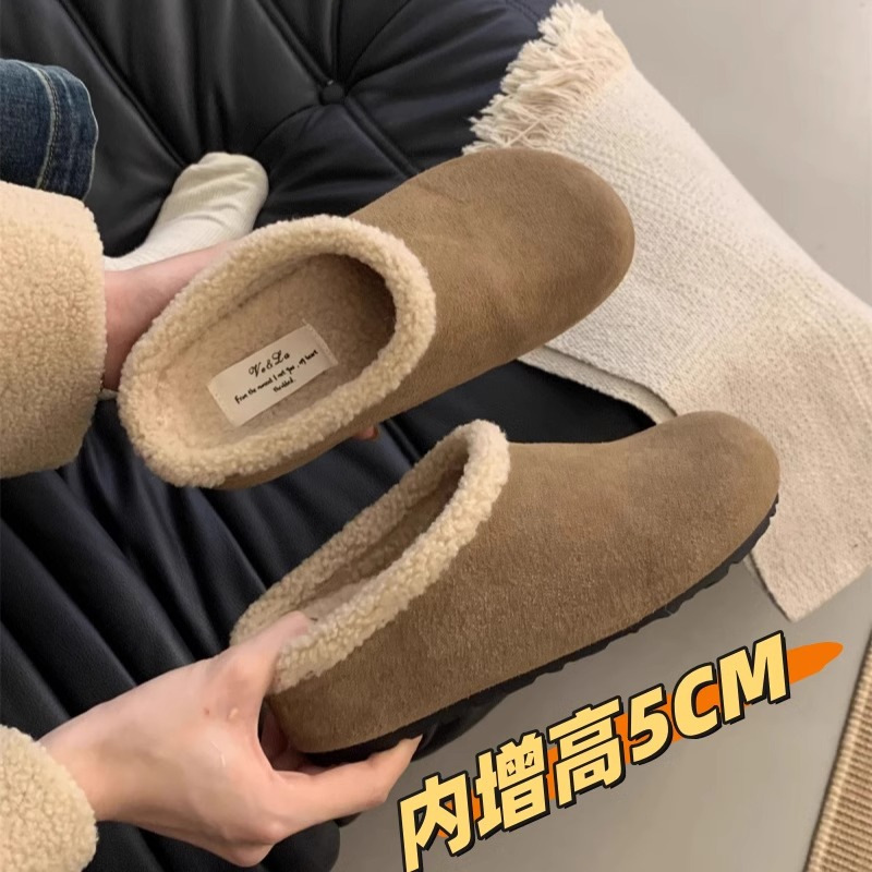 软皮版~厚底增高复古加绒勃肯鞋女外穿小个子一脚蹬包头保暖棉鞋|undefined