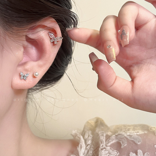 Korean Fashion Versatile Micro-Inlaid Zirconia Butterfly Three-piece Set Earrings S925 Silver Needle Temperament Small Earring Buckle